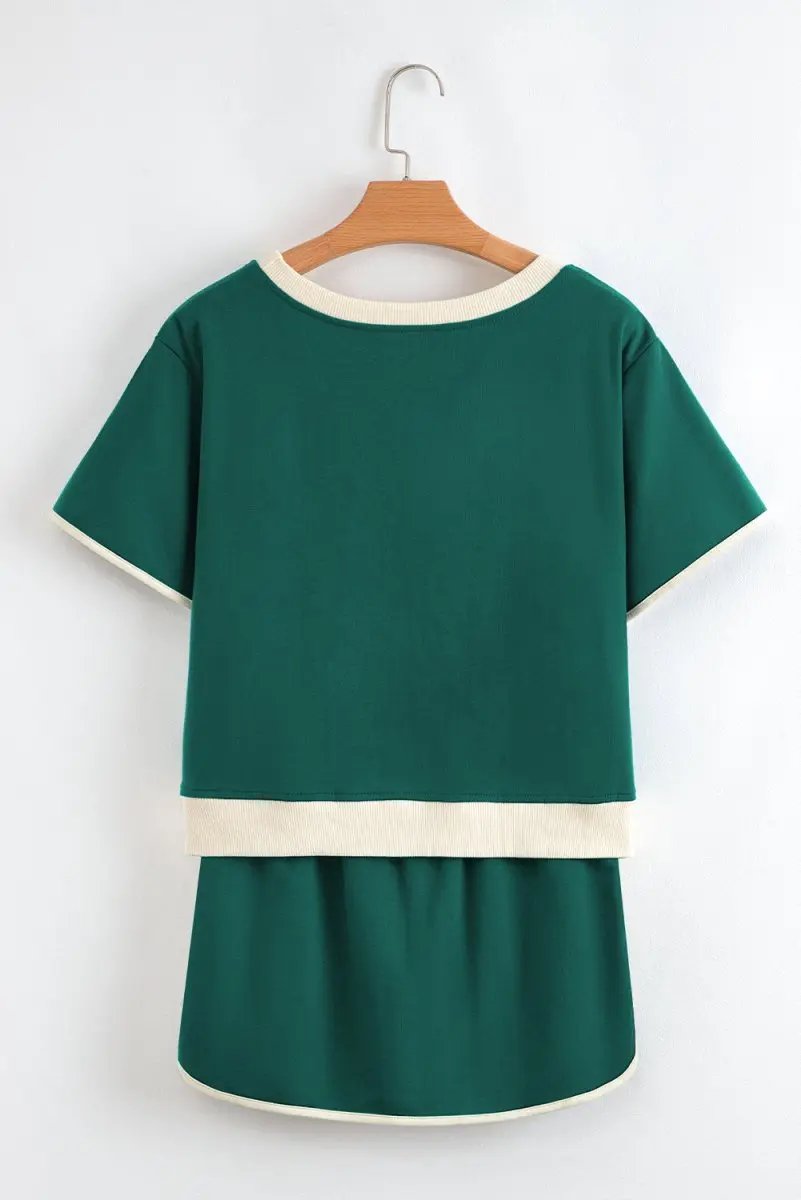 Evergreen Colorblock Edge Drop Shoulder T Shirt and Skort Set - Love Salve
